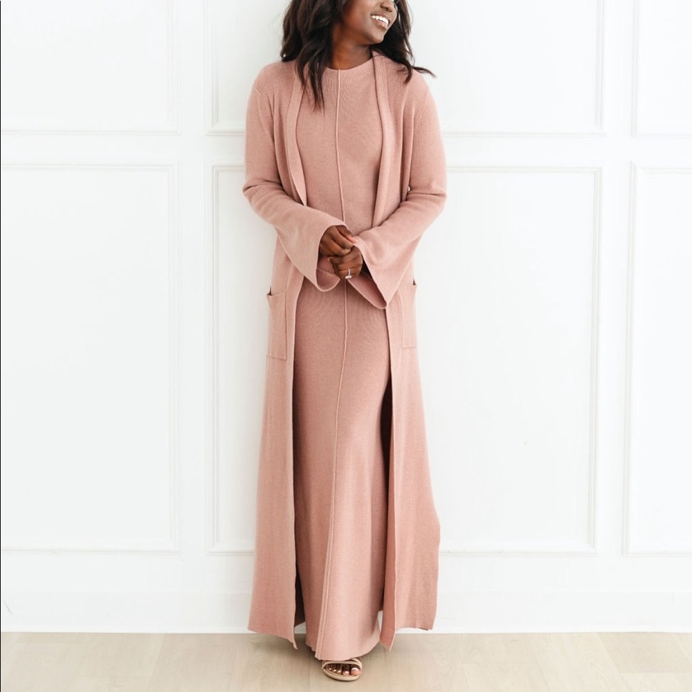 Maxi wool knit long sleeve dress and duster cardigan, modest, Elaa the Label